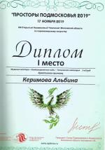 Москва. XIII Чемпионат по парикмахерскому искусству «Просторы Подмосковья»; «Креативная мужская прическа»- 1 место. 2019 год